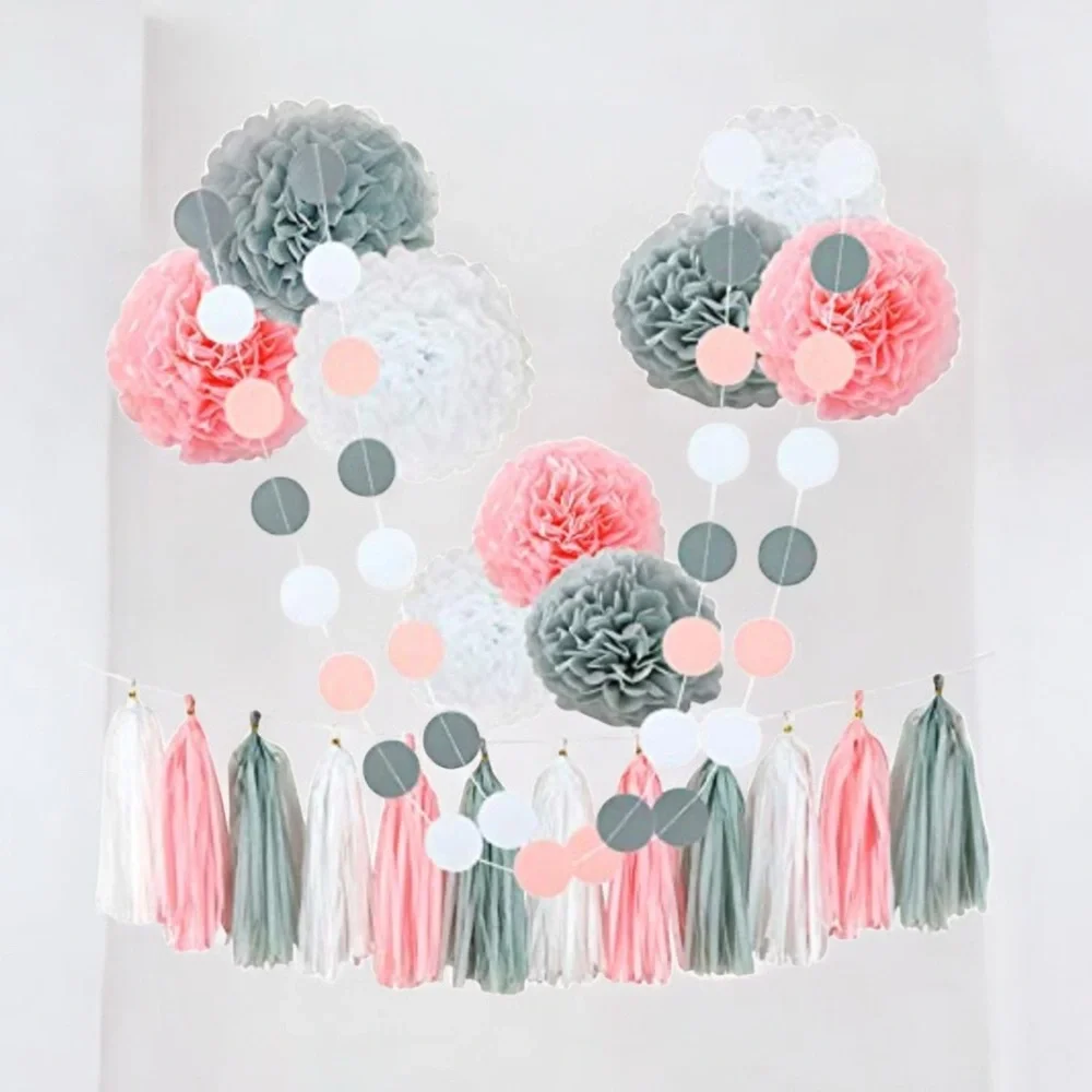 26pc Pink & Grey Party Decorations Set – Tissue Pom Poms, Tassels , Circle Dots